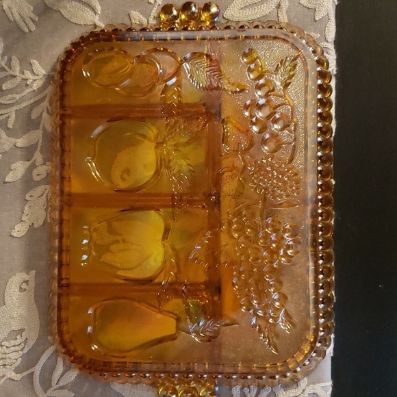 Vintage Indiana Glass Iridescent Amber Carnival Glass 5 Part Divided Relish Tray - Picture 5 of 6